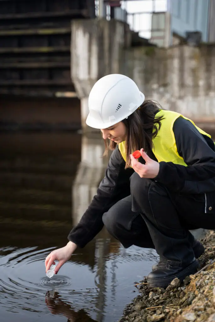 environmental engineer getting water sample full shot